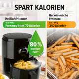 GOURMETmaxx Digitale Heißluft-Fritteuse 1400 W schwarz zeigt fettarme Pommes mit 80% weniger Fett im Vergleich zur herkömmlichen Fritteuse.