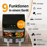 GOURMETmaxx Doppelkammer-Heißluftfritteuse 2x3,5L mit 9 Funktionen für fettarmes Frittieren, Grillen, Backen und mehr, 2400 W, Timer, Touchdisplay.