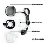 GOURMETmaxx Eierkocher für 1 Ei aus Edelstahl/schwarz mit Messbecher, Eierhalter und Abdeckhaube, kompakt und energiesparend.