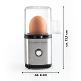 GOURMETmaxx Eierkocher für 1 Ei aus Edelstahl/schwarz, kompakt, energiesparend, mit klarem Deckel und integriertem Ei-Pick.