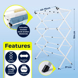 Der EASYmaxx Teleskop-Wäscheständer 800 ist weiß, auszieh- und klappbar (104 cm hoch, 40–75 cm breit), bietet 8 m Trockenlänge, wiegt 2,1 kg, trägt bis zu 10 kg und ist platzsparend sowie ideal zum flexiblen Trocknen im Haushalt.