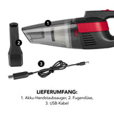 CLEANmaxx Akku-Handstaubsauger grau/rot mit Fugendüse und USB-Ladekabel für kabelloses, kraftvolles Saugen schwer erreichbarer Stellen.