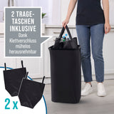 Eine Person hält in der Küche einen WELLENBORG Pfandflaschen-Sammelbehälter (100l) mit zwei abnehmbaren Tragetaschen mit Klettverschluss. Die beiden faltbaren Tragetaschen sind unten links auch separat dargestellt.