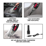 CLEANmaxx Akku-Handstaubsauger grau/rot mit LED-Beleuchtung, Fugendüse, USB-Ladekabel, kabellos und beutellos für Autositze und Sofas.