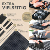 KitchBo Silikon-Backmatte Starter Set 8-tlg. schwarz mit Spießen, Klicksteinen und Schwamm für vielseitiges, fettarmes Backen und Reinigen.
