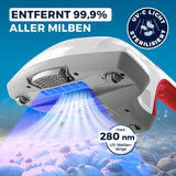 CLEANmaxx Milbensauger Vibration entfernt 99,9 % Milben mit UV-C-Licht 280 nm, 2 Ersatz-EPA-Filtern, Leistung 300 Watt, weiß/rot.