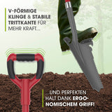 EASYmaxx Spaten- & Wurzelsäge 114 cm grau/rot mit V-Klinge, Trittkante und ergonomischem Griff zum Graben und Sägen von Wurzeln.