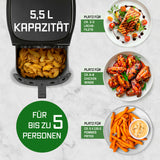 GOURMETmaxx AirGenius Heißluftfritteuse 5,5 l mit 7 Programmen, ideal für bis zu 5 Personen und fettarmes Frittieren.