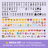EASYmaxx LED-Leuchtkasten A5 mit 173 Buchstaben, Zahlen, Symbolen und 150 Emojis für individuelle Lichtbotschaften und Dekoration.