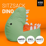 LUMALAND Animal Line Kindersitzsack Dino Pastell Grün, kuschelig, wasserabweisend, robust, für Indoor & Outdoor, 270L Volumen, kindgerecht.