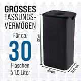 Der WELLENBORG Pfandflaschen-Sammelbehälter (100l) ist schwarz, faltbar, rechteckig mit Deckel (72×40×32,5cm), fasst etwa 30 Flaschen à 1,5l und wird mit 2 Tragetaschen sowie Klettverschluss geliefert.