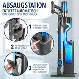 CLEANmaxx AeroTec 500 Staubsauger mit Absaugstation entleert automatisch 600 ml Behälter hygienisch und kabellos in Grau/Blau.
