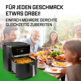 GOURMETmaxx AirGenius Heißluftfritteuse 7,5 l mit Farb-Touchdisplay, fettarmes Frittieren und Familie am Esstisch genießen.
