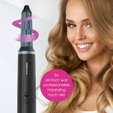 VITALmaxx Air Curler Plus 7-tlg. - 1500W schwarz zeigt Lockenwickler und lächelnde Frau mit voluminösen Haaren.