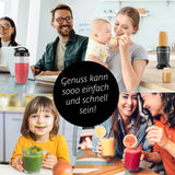 GOURMETmaxx Nutrition Mixer Pro 1.000 mit Zubehörset M zeigt Familien, die frisch gemixte Shakes und Smoothies genießen.