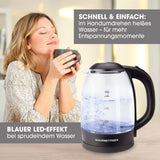GOURMETmaxx Glas-Wasserkocher 1,7 l schwarz mit LED-Beleuchtung, Wasserstandsanzeige und kabellosem 360° drehbaren Wasserbehälter.