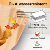 GOURMETmaxx Backpapierschalen für Heißluftfritteusen 5–8 l, 3-lagig, öl- und wasserresistent mit Silikonbeschichtung, aus ungebleichtem Zellstoff.