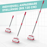 CLEANmaxx Akku-Scheuerbürste weiß/rot mit individuell anpassbarer Stiellänge bis 120 cm, kabellos und ergonomisch.