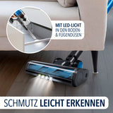 CLEANmaxx AeroTec 500 Staubsauger mit Absaugstation zeigt LED-Licht an Boden- und Fugendüsen zur einfachen Schmutzerkennung.