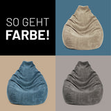 LUMALAND Sitzsack GIANT aus der Cord-Reihe, 135 x 100 cm, Bezug soft & waschbar in Beige, Blau und Grau gezeigt.