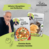 Rachs KOCHWERK Pizza Maker mit Temperatureinstellung und herausnehmbarem Pizzastein, Rezeptideen für Pizza Burrata und Empanadas.