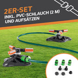 EASYmaxx 360°-Gartensprinkler - 2er-Set mit 3 rotierenden Sprüharme, 2 m PVC-Schlauch und einstellbarer Bewässerung für 75–150 m² Fläche.
