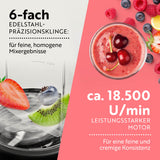 GOURMETmaxx Nutrition Mixer Pro 1.000 mit Zubehörset M – 6-fach Edelstahlklingen und 18.500 U/min starker Motor für cremige Mixergebnisse.