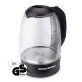 GOURMETmaxx Glas-Wasserkocher 1,7 l schwarz mit Wasserstandsanzeige, LED-Beleuchtung und kabelloser 360° drehbarer Basisstation.