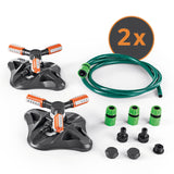 EASYmaxx 360°-Gartensprinkler - 2er-Set mit 3 rotierenden Armen, 2 m PVC-Schlauch und variabler Bewässerung für 75–150 m² Fläche.