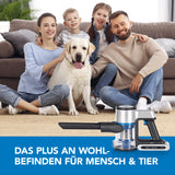 CLEANmaxx Akku-Zyklon-Staubsauger Digital-Display in anthrazit/silber/blau mit starker Akku-Laufzeit und elektrischer Bodendüse.