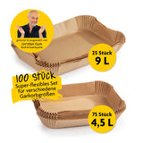 RACHS KOCHWERK Backpapierschalen für Heißluftfritteusen 2er-Set 4,5 & 9 Liter, 100 Stück, hitzebeständig und antihaftbeschichtet.