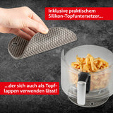 GOURMETmaxx Heißluft-Fritteuse Digital mit Glas-Garkorb 3,3 l schwarz mit praktischem Silikon-Topfuntersetzer und Topflappenfunktion.