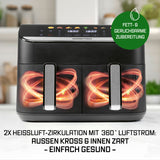GOURMETmaxx AirGenius 2-Kammer-Heißluftfritteuse 2 x 4,5 l mit 14" Farb-Touchscreen und fettarmer Heißluftzirkulation.