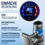 CLEANmaxx AeroTec 500 Staubsauger mit Absaugstation – LED-Touchdisplay zeigt Akku, Modus und Blockaden in Echtzeit.