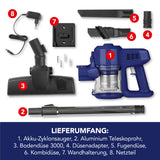 CLEANmaxx Akku-Zyklon-Staubsauger blau/silber mit Teleskoprohr, Bodendüse, Fugendüse, Kombidüse und Netzteil für vielseitige Anwendung.