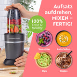 GOURMETmaxx Nutrition Mixer Pro 1.000 mit Zubehörset M zeigt frische Smoothies, Shakes, Dips und kalte Soßen schnell gemixt.