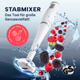 GOURMETmaxx Stabmixer mit Messbecher weiß/grau, abnehmbarer Mixaufsatz, 700-ml, Edelstahlklinge, ideal zum Pürieren und Mixen von Obst und Gemüse.