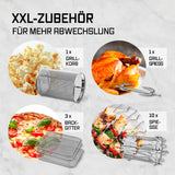 GOURMETmaxx Heißluftofen mit Panoramadach & Frontfenster, 12,5 l, inkl. XXL-Zubehör: Grillkorb, Grillspieß, Backgitter und Spiessset.