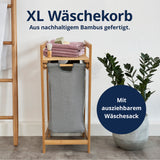 LUMALAND Bambus Wäschekorb mit ausziehbarem Wäschesack, 33 x 33 x 73 cm, dunkelgrau, nachhaltig und platzsparend.