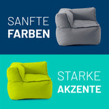 LUMALAND Sitzsack-Sofa Ecke Apfelgrün mit 340 L Volumen, modular, extrastark, pflegeleicht und mit verdeckten Reißverschlüssen.