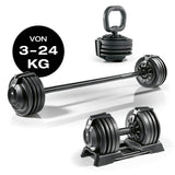 FitEngine verstellbare Multifunktionshantel - Kettlebell, Kurz- & Langhantel mit 3-24 kg, platzsparend und vielseitig einstellbar.