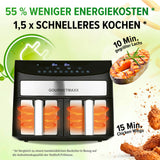GOURMETmaxx Doppelkammer-Heißluftfritteuse 2x3,5L mit 2400 W, 10 Programmen, Timer und schnellerem, energiesparendem Garen.