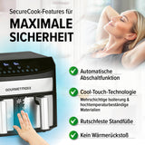 GOURMETmaxx Doppelkammer-Heißluftfritteuse 2x3,5L mit SecureCook-Sicherheit, Abschaltautomatik, Cool-Touch und rutschfesten Füßen.