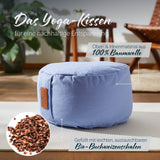 #DoYourYoga Yoga-Kissen Vishnu rund 30x30x15 cm, gefüllt mit Bio-Buchweizenschalen, 100% Baumwolle, waschbar, lavendelfarben.