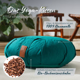 #DoYourYoga Yoga-Kissen Ganesh in Dunkelgrün, gefüllt mit Bio-Buchweizenschalen, 45x30x14 cm, 100% Baumwolle, Halbmondform.