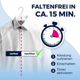 CLEANmaxx Hemdenbügler PRO KOMPAKT zeigt vor und nach dem Bügeln ein faltenfreies Hemd in ca. 15 Minuten.