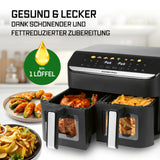 GOURMETmaxx AirGenius 2-Kammer-Heißluftfritteuse 2 x 4,5 l mit Touchscreen für fettarme und schonende Zubereitung.