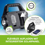 EASYmaxx Solar-Arbeitsleuchte mobil - Schwarz mit integriertem Solarpanel und USB-C-Ladefunktion, flexibel und mobil einsetzbar.