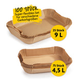 RACHS KOCHWERK Backpapierschalen für Heißluftfritteusen 2er-Set (4,5 & 9 Liter), 100 Stück, hitzebeständig und antihaftbeschichtet.