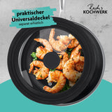 Rachs KOCHWERK Edelstahlpfanne mit Wabenstruktur Ø28cm, antihaft, alle Herdarten mit gebratenen Garnelen und passendem Universaldeckel sichtbar